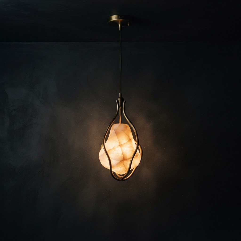 A sculptural brass and alabaster pendant light glowing against a dark wall
