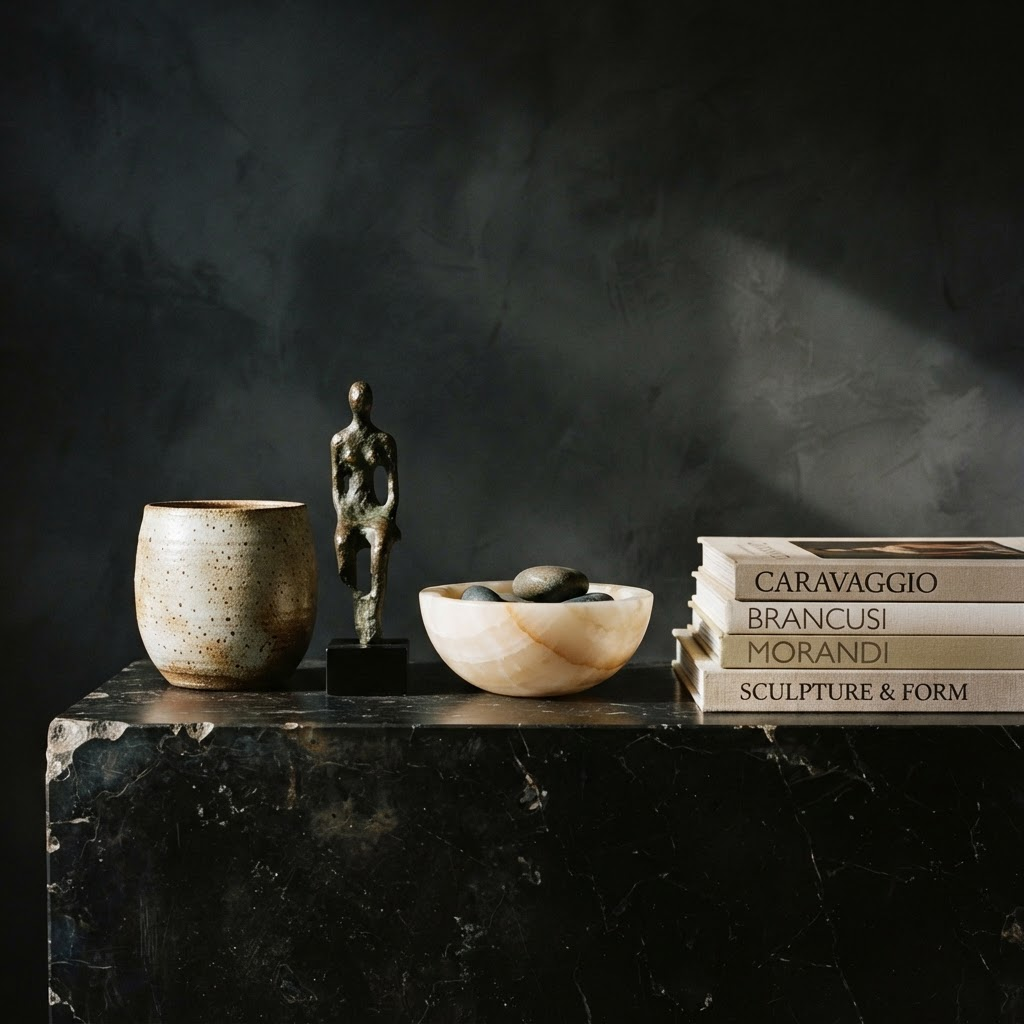 Curated objects arranged on a plinth