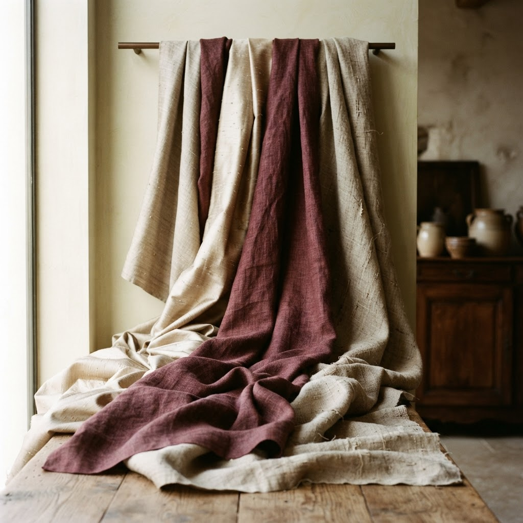 Draped folds of raw silk and handwoven linen in champagne and burgundy