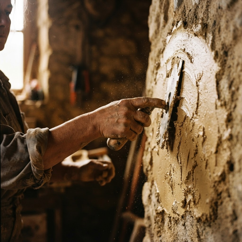 An artisan's hands applying hand-troweled lime plaster to a wall