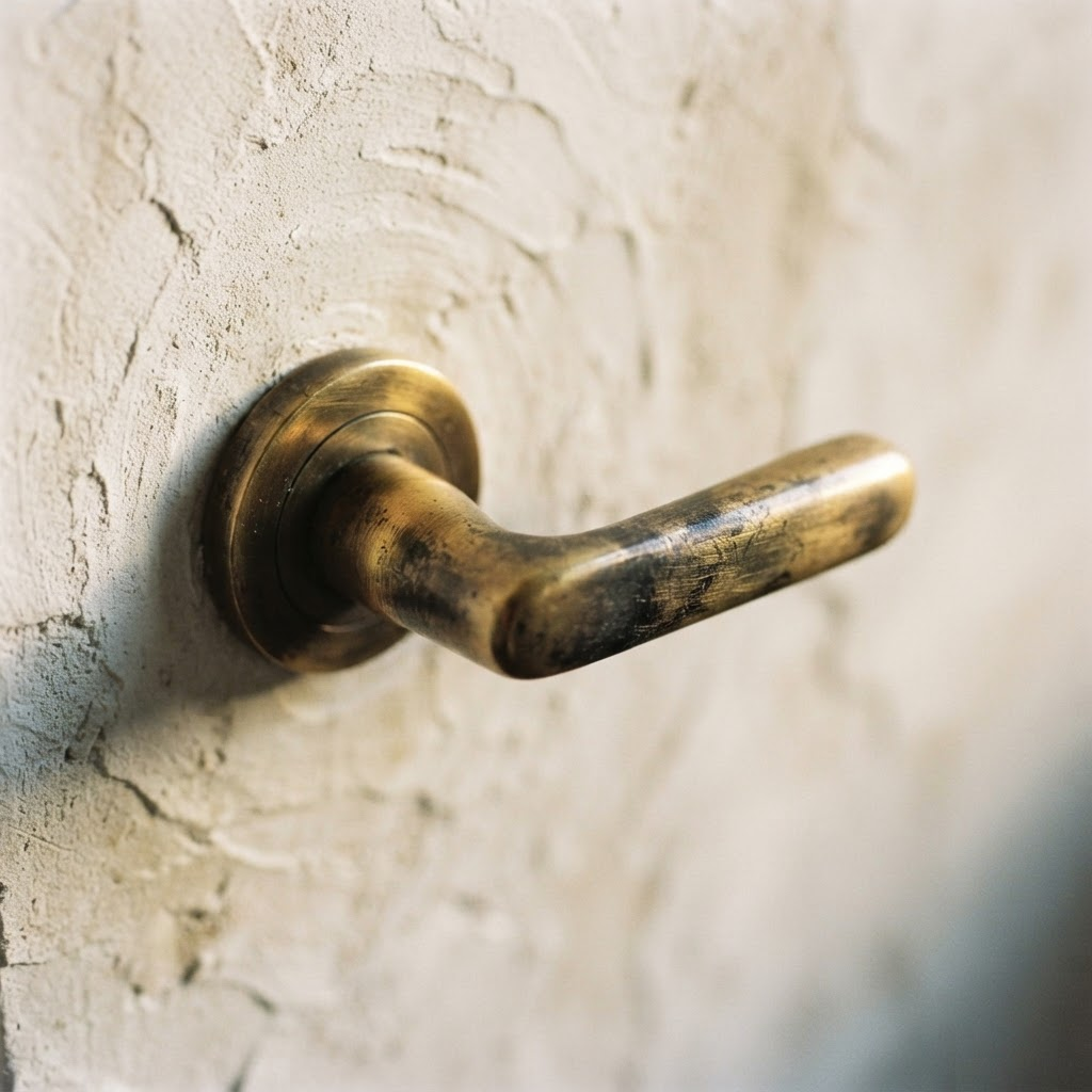 An aged brass door handle mounted on an ivory plaster wall
