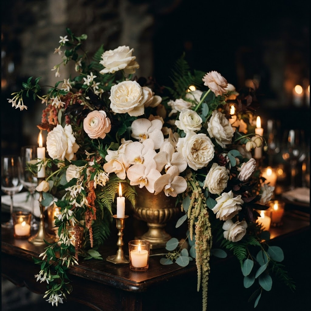 An opulent ivory and blush floral installation lit by warm candlelight against a dark background