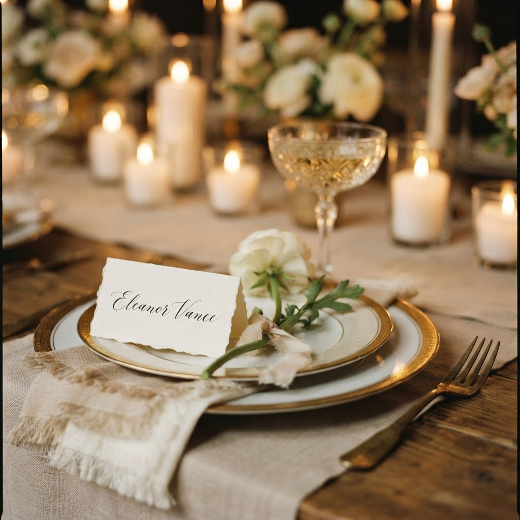 A luxury event place setting with a gold-rimmed charger, calligraphed place card and a single ivory bloom