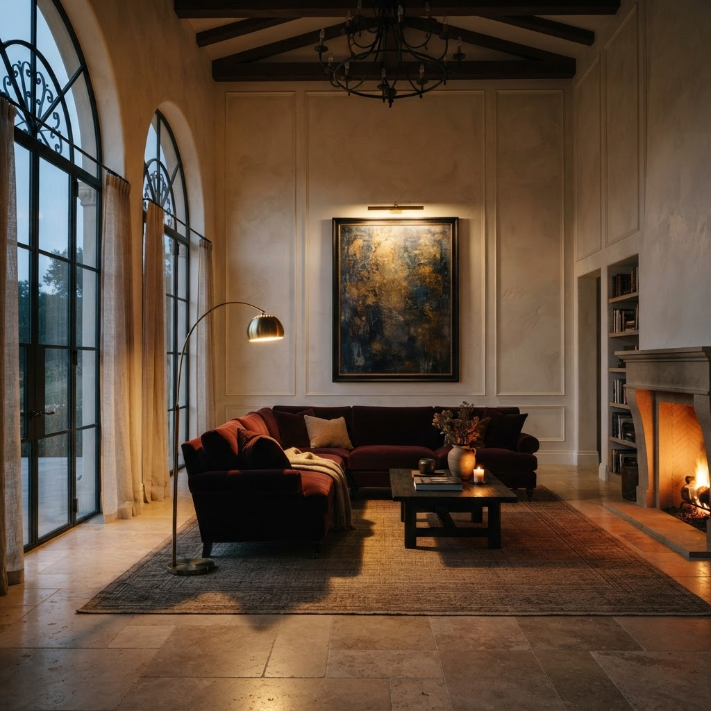 A grand salon at dusk with arched windows, burgundy velvet seating and travertine floors