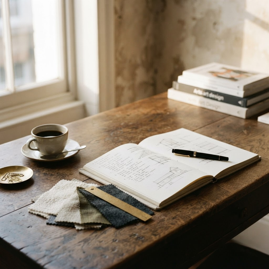 An open notebook, fountain pen and material swatches on a worn oak desk