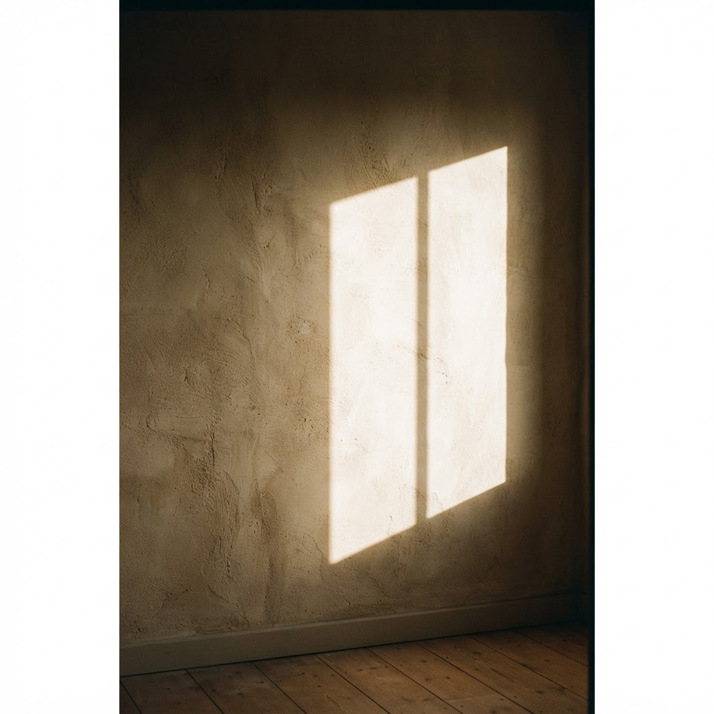 A sharp trapezoid of afternoon sunlight falling across a warm ivory plaster wall