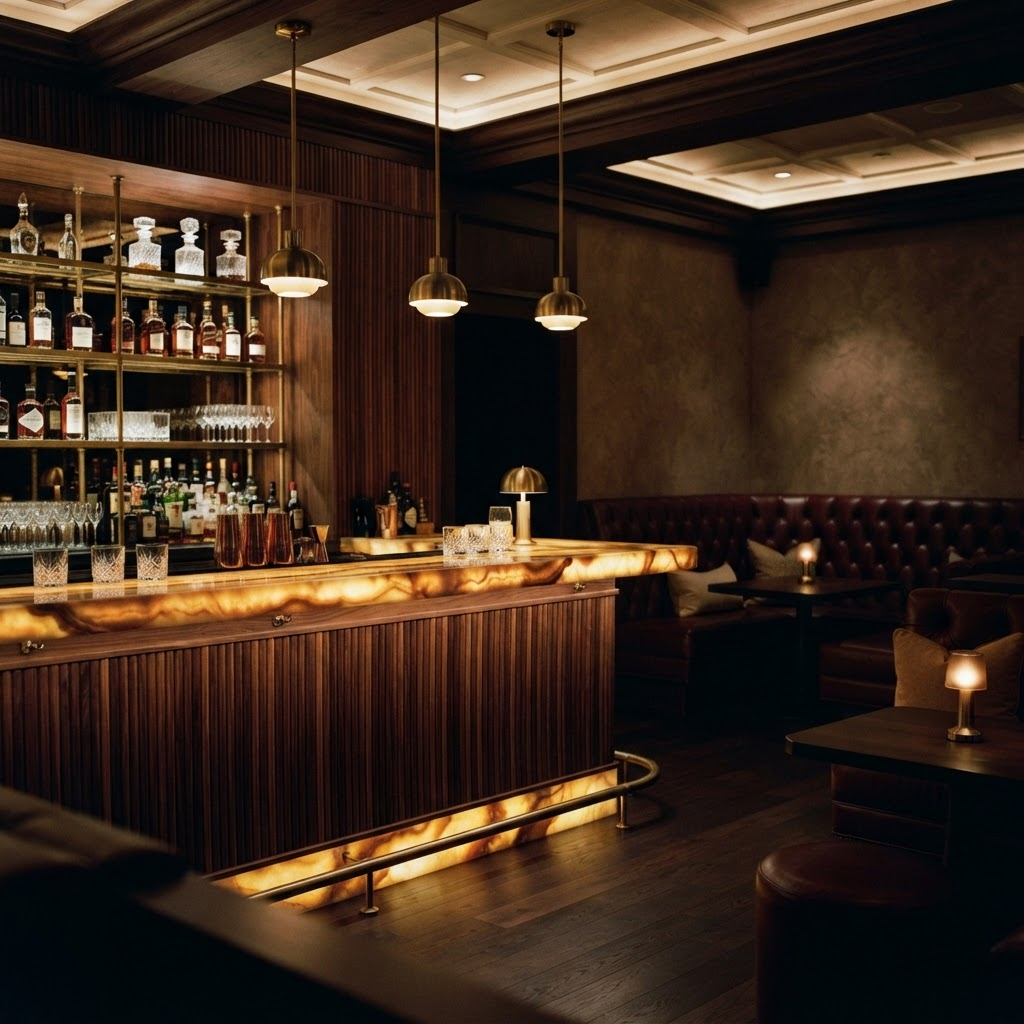 A boutique hotel bar with fluted walnut and a backlit onyx counter