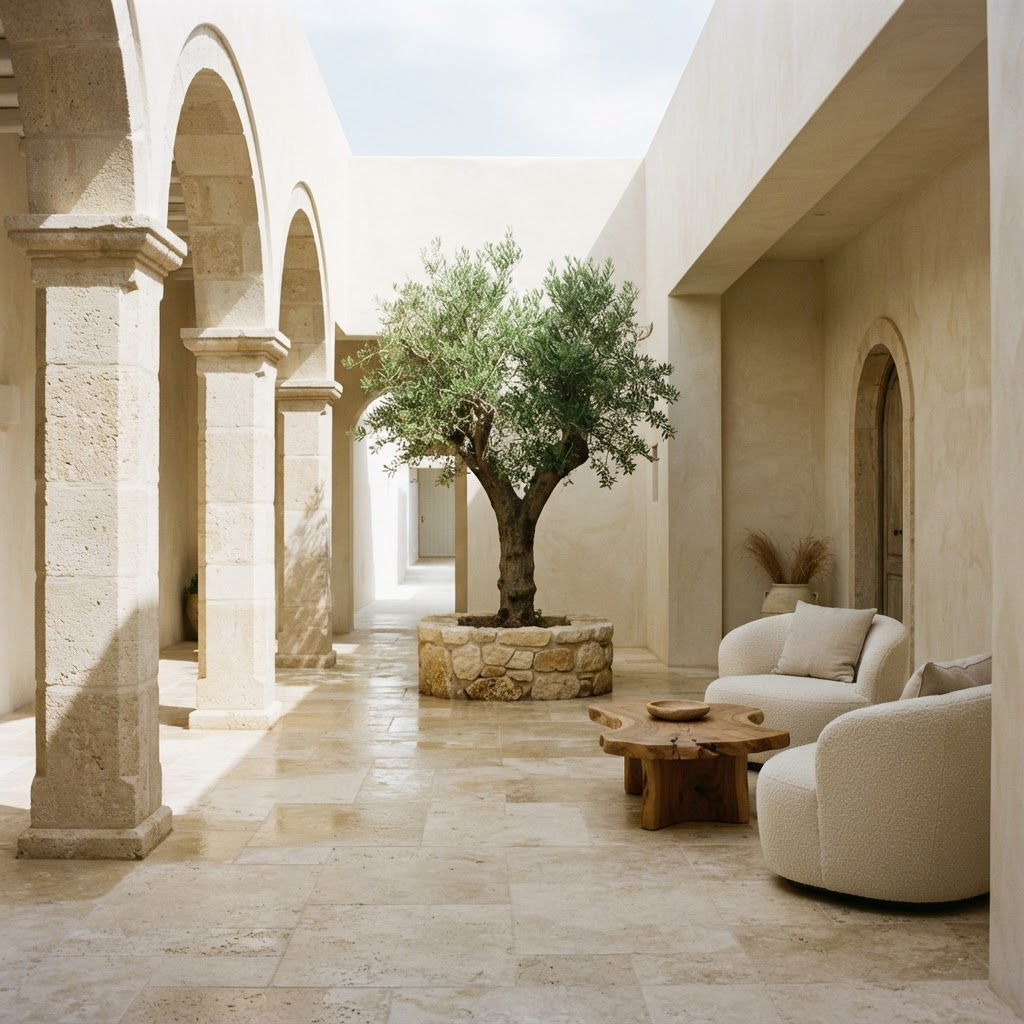 Ivory courtyard house with olive tree and open colonnade