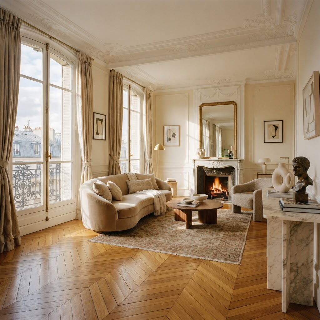 A Parisian apartment interior with herringbone parquet and tall French windows