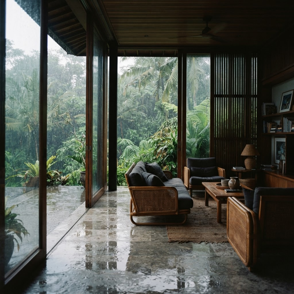 A teak-screened tropical interior looking out onto rain-soaked greenery