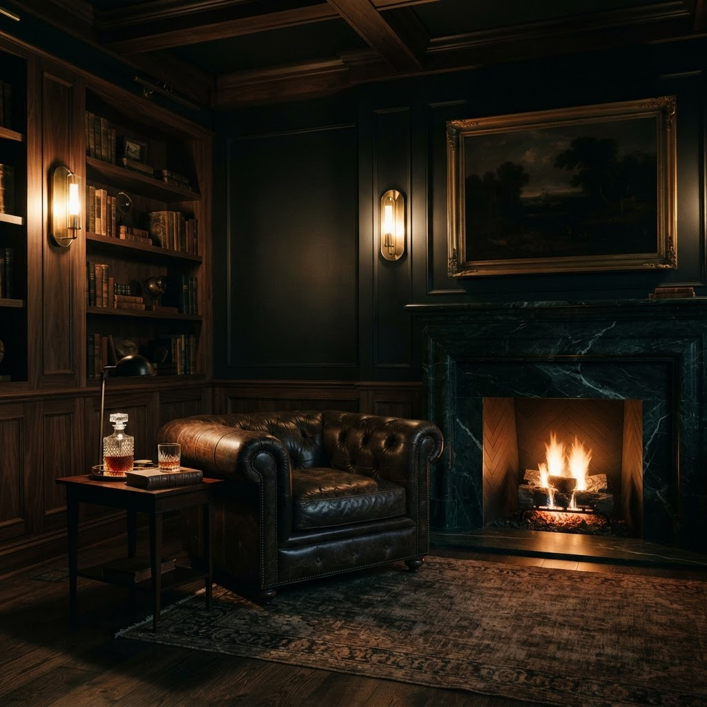 Dark nocturne residence interior with brass sconces