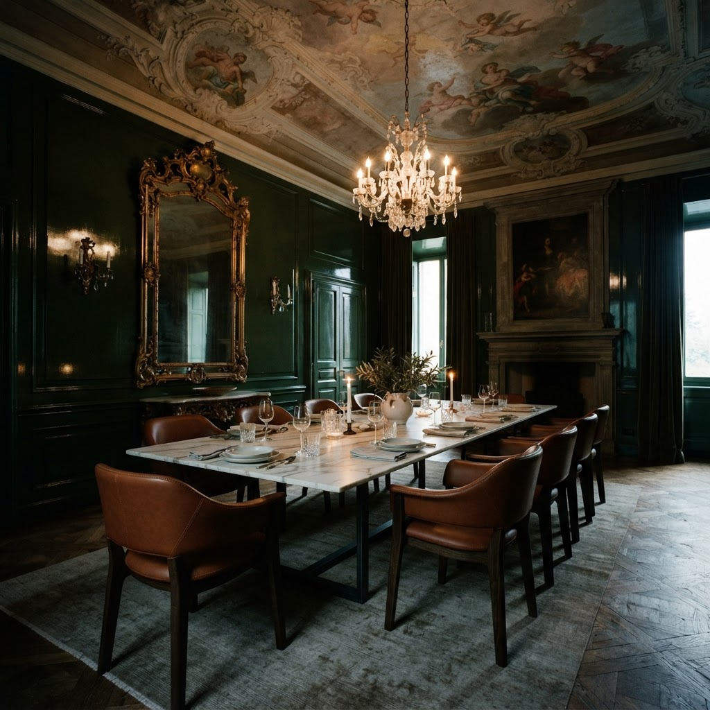 A restored palazzo dining room with forest green lacquered walls and a marble table
