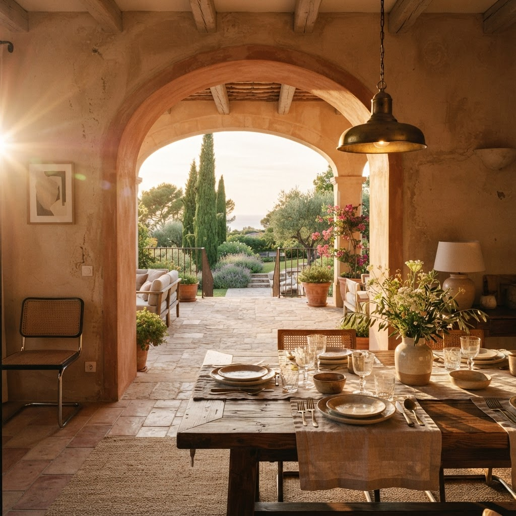 Tuscan villa interior at golden hour