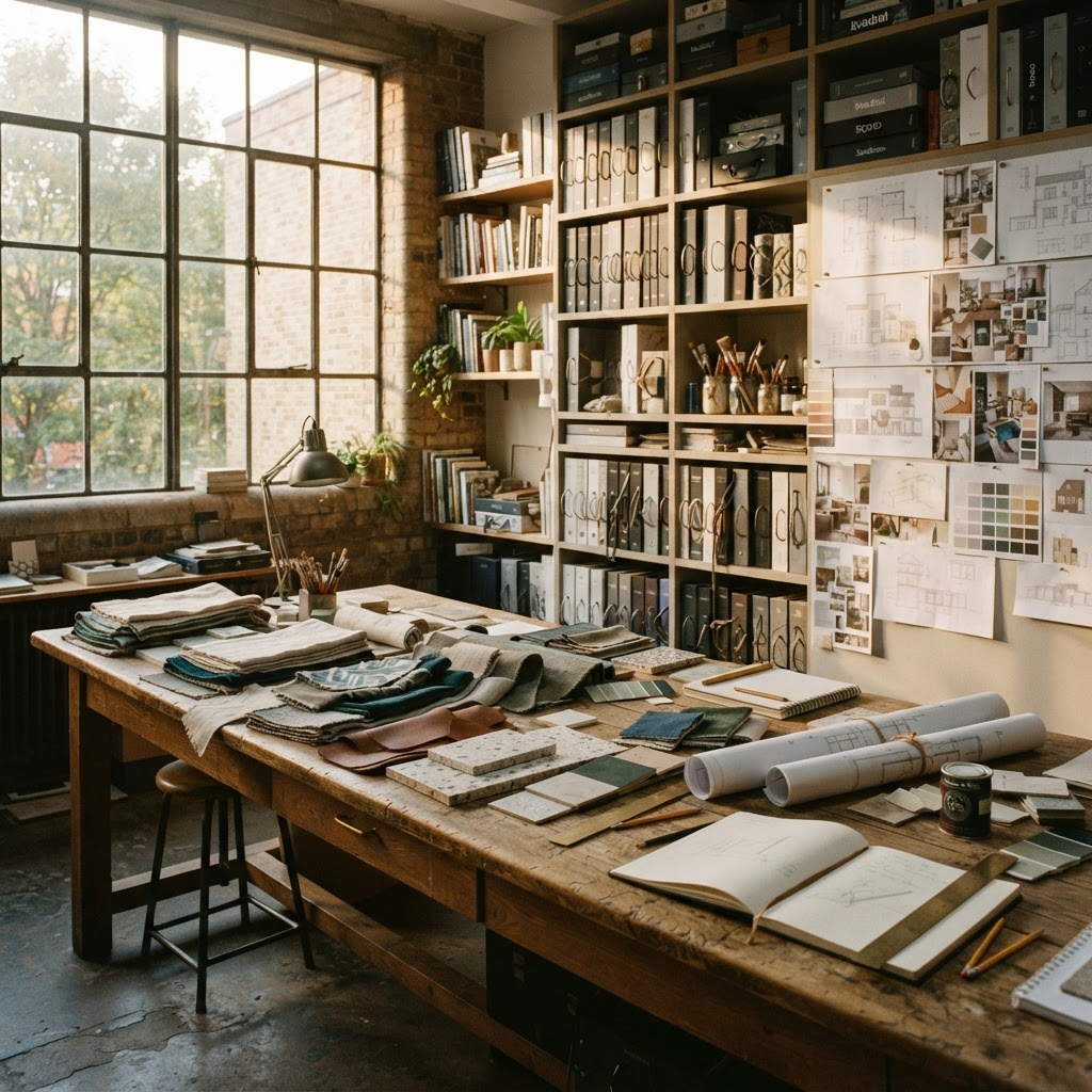 A design studio worktable with samples and drawings